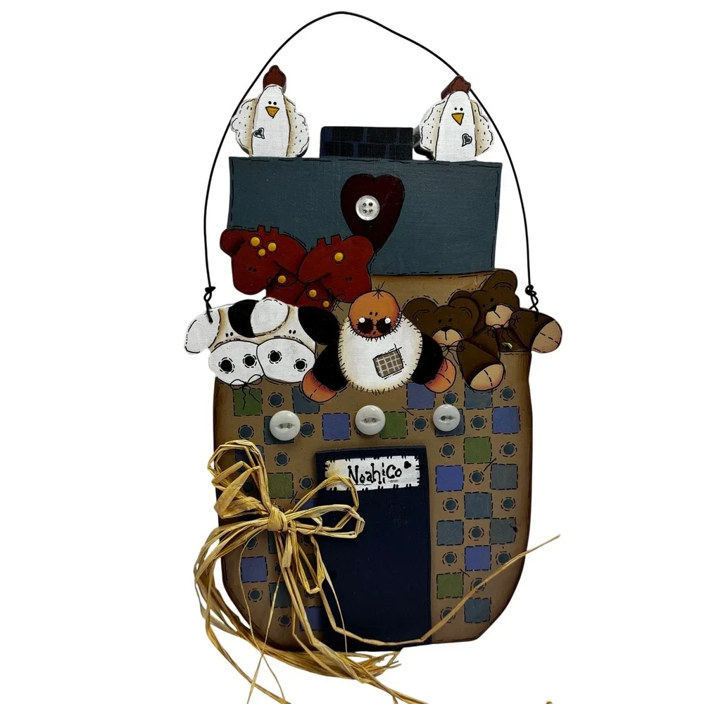 Noah Folk Art Wooden‎ Wall Hanging Primitive Animals Hand Painted Sign L Faulk